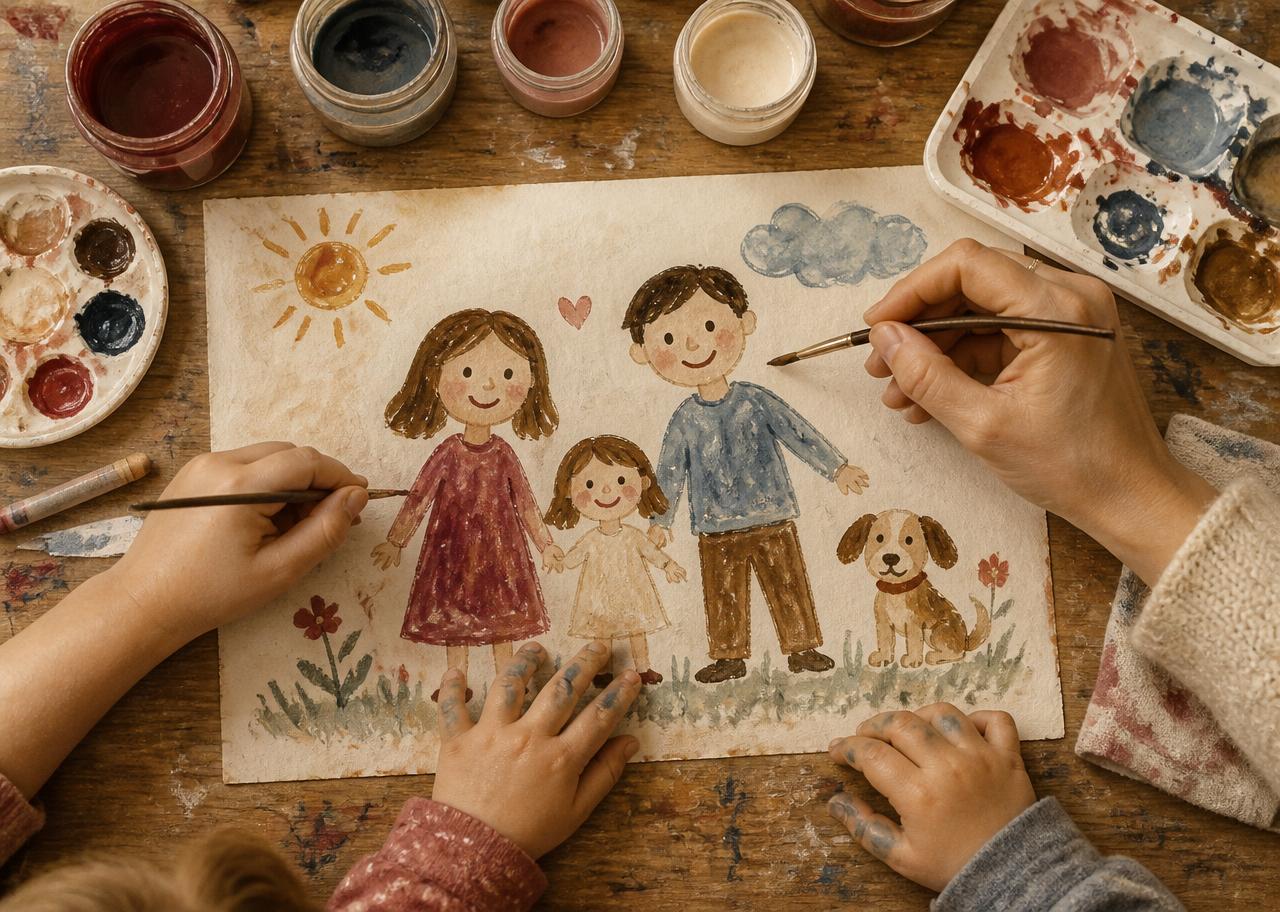 Nanny and child drawing together